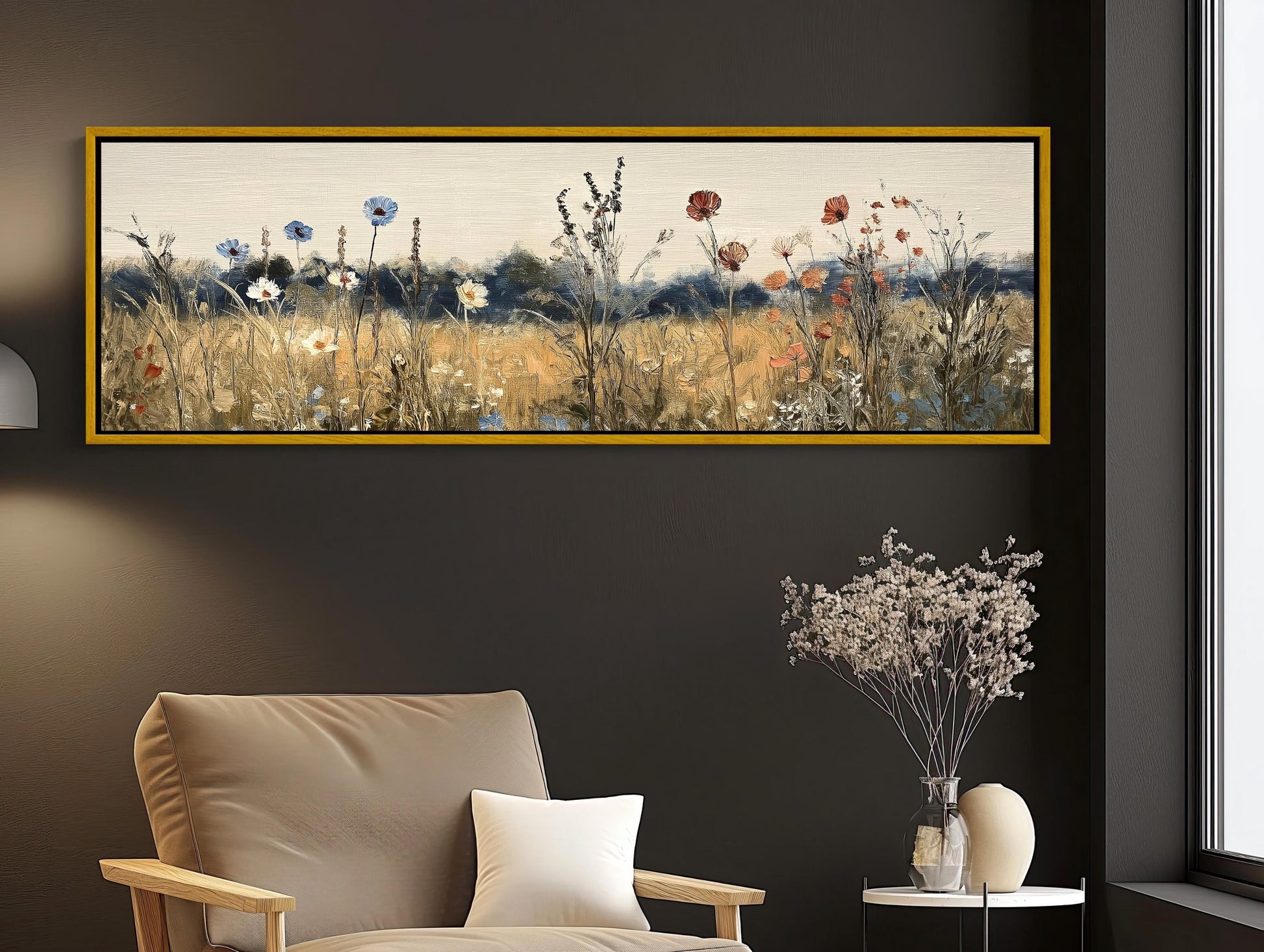Retro Wildflowers , 70s Boho Floral canvas wall art shown in a living room (view 2)