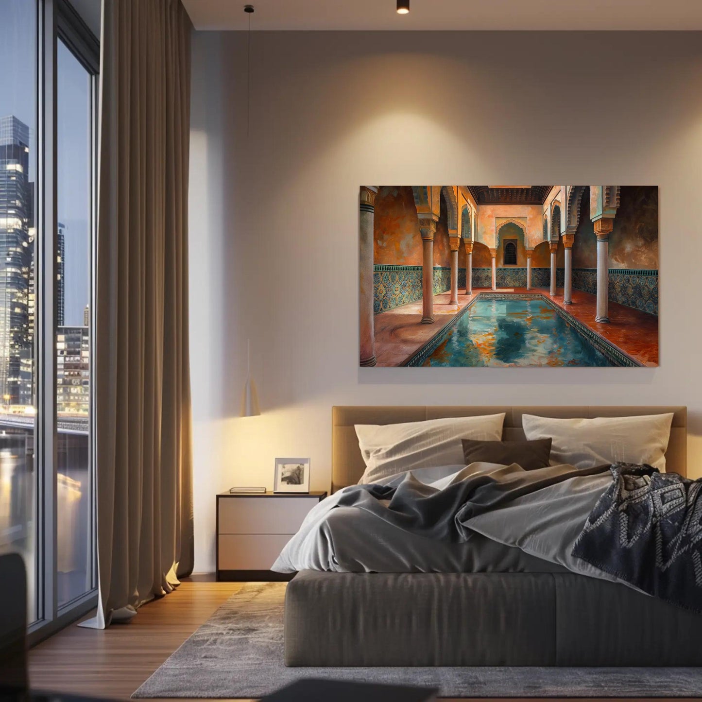 Moroccan Bath House canvas wall art shown in a bedroom (view 2)