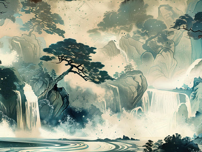 Japanese Waterfall , Ukiyo-e Panoramic canvas wall art shown in a styled room