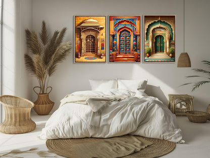 Rajasthani Door canvas wall art shown in a bedroom