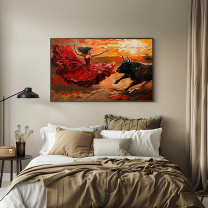 Flamenco dancer and bull canvas wall art in a room setting