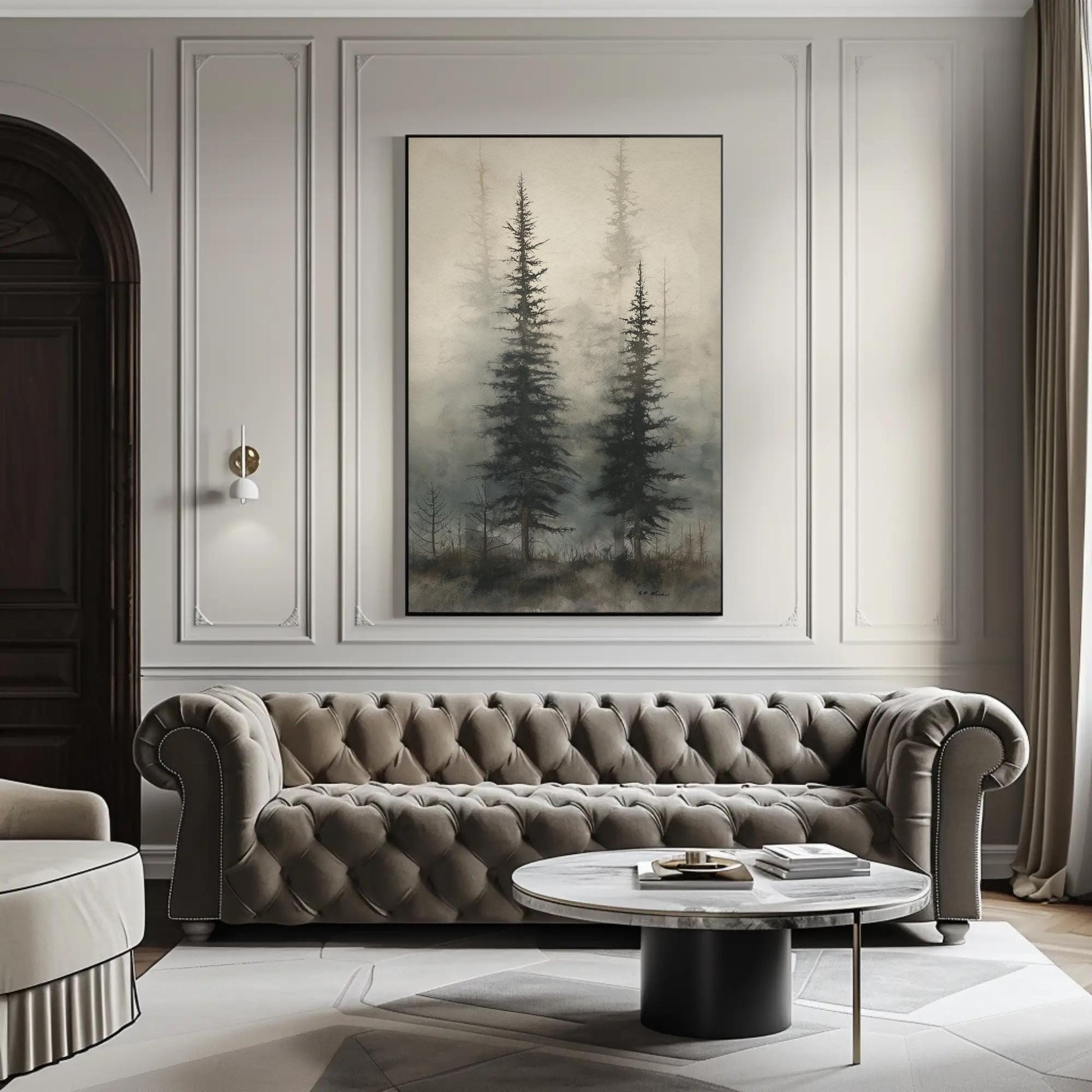 Foggy Pine Forest , Misty Woodland canvas wall art shown in a living room (view 3)