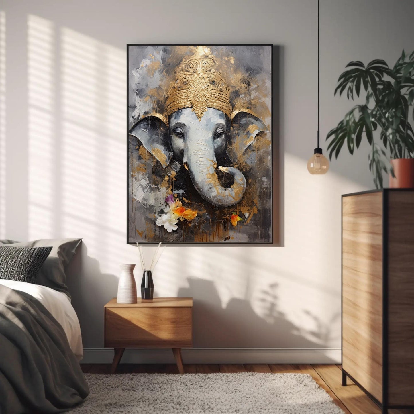 Ganesha Gold , Hindu God Pooja Room canvas wall art in gold tones