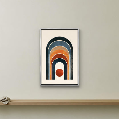 Boho rainbow arch and sun canvas wall art, framed abstract art piece with a geometric design of arches and a circular element