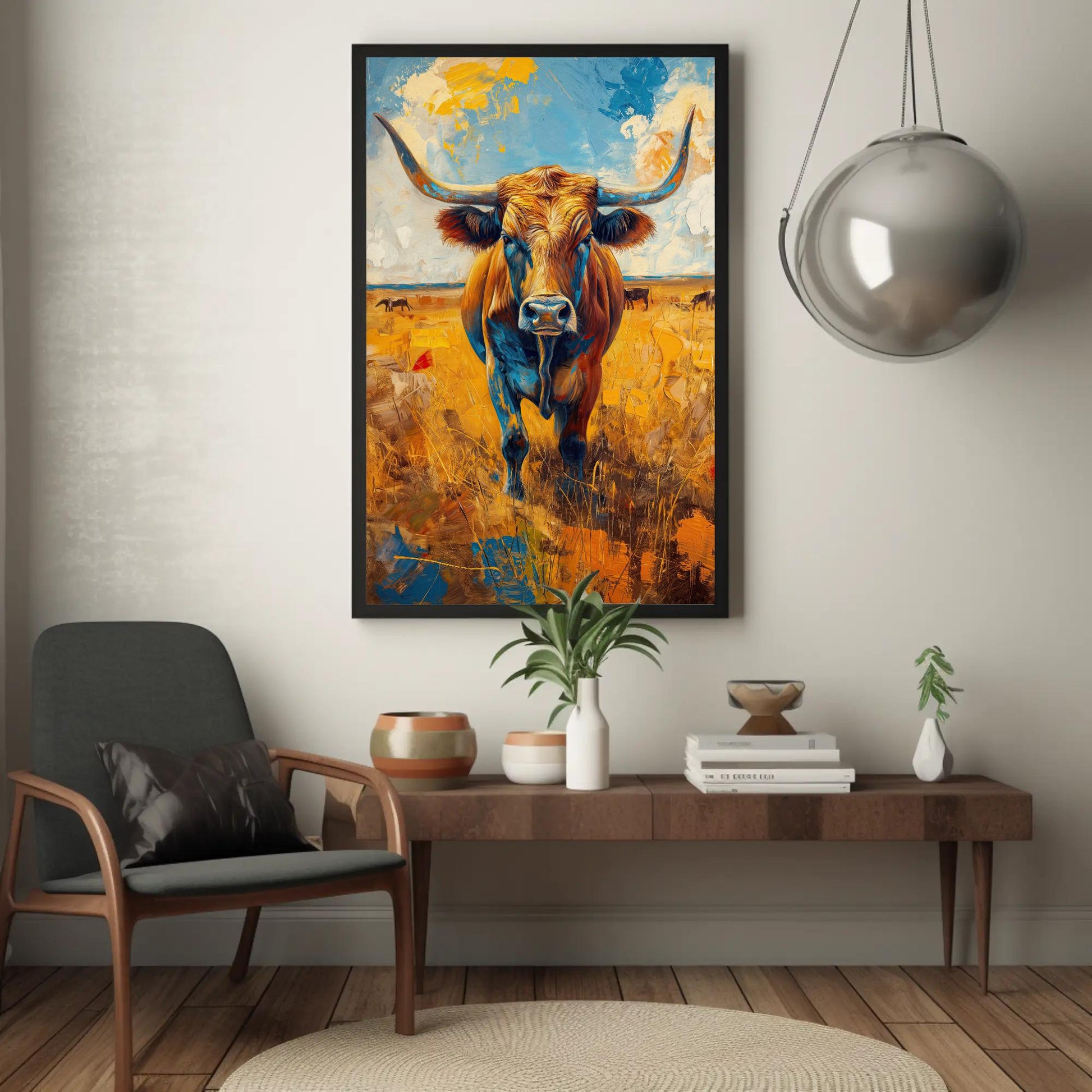 Texas Longhorn Oil Painting canvas wall art shown in a styled interior