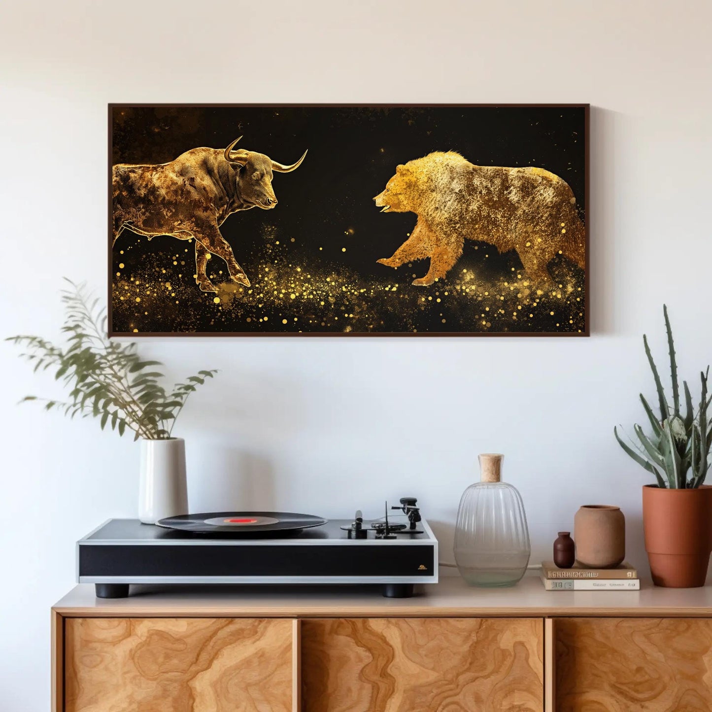 Bull Vs Bear canvas wall art shown in a styled room