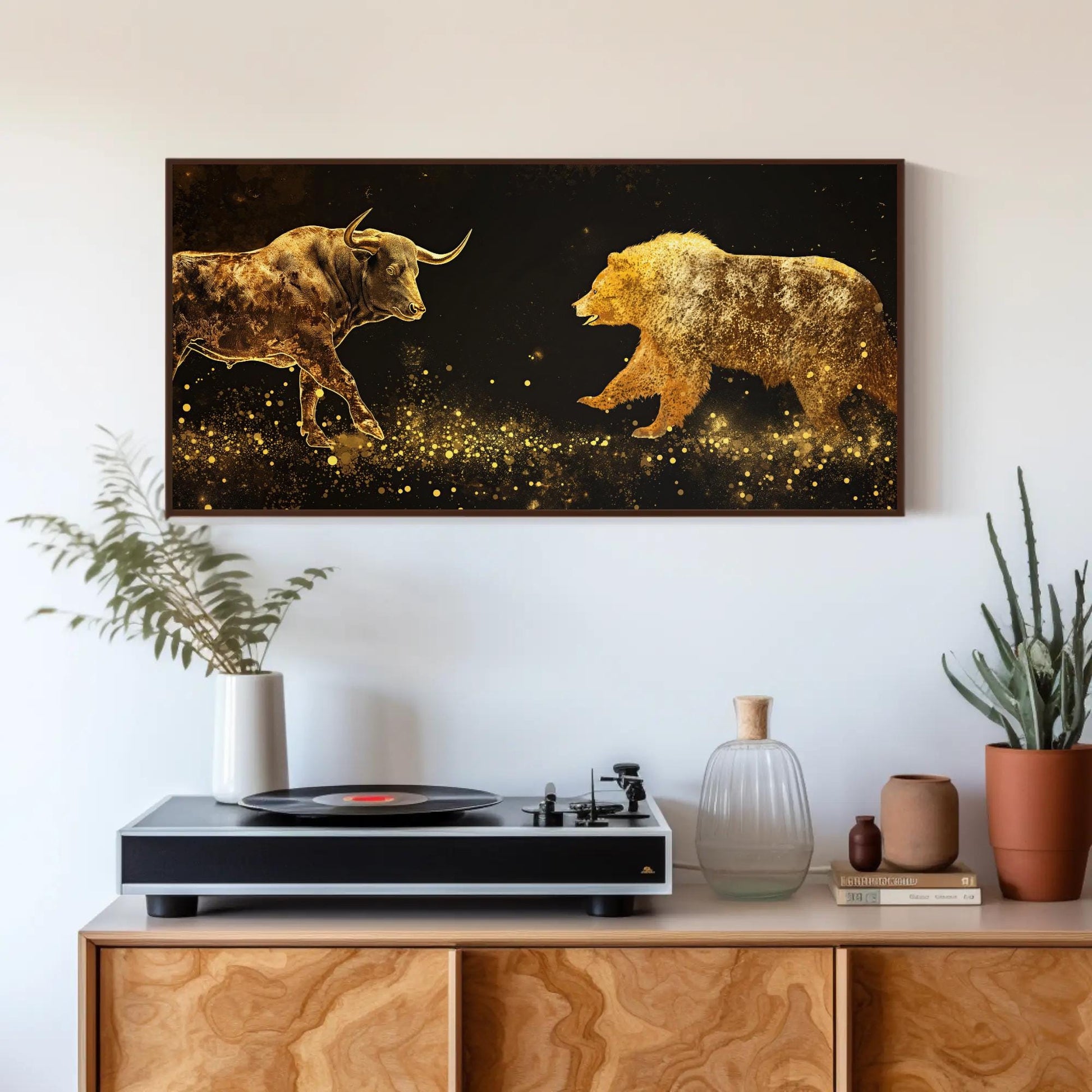 Bull Vs Bear canvas wall art shown in a styled room