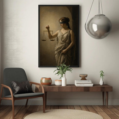 Lady Justice with scales canvas wall art, woman standing in a room with a large painting of her on the wall above a wooden