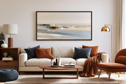 a modern living room with a white sofa, a wooden coffee table, and a large framed landscape painting on the wall.