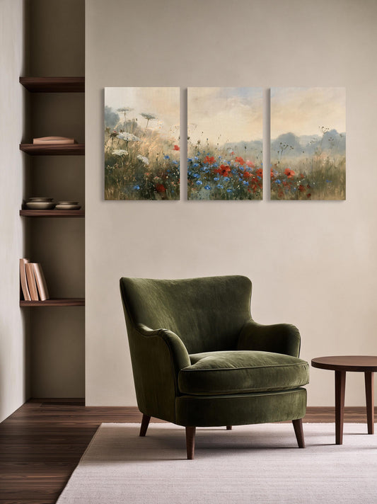 Poppy and cornflower meadow canvas wall art, cozy living room with a green armchair and a wooden side table. Above the