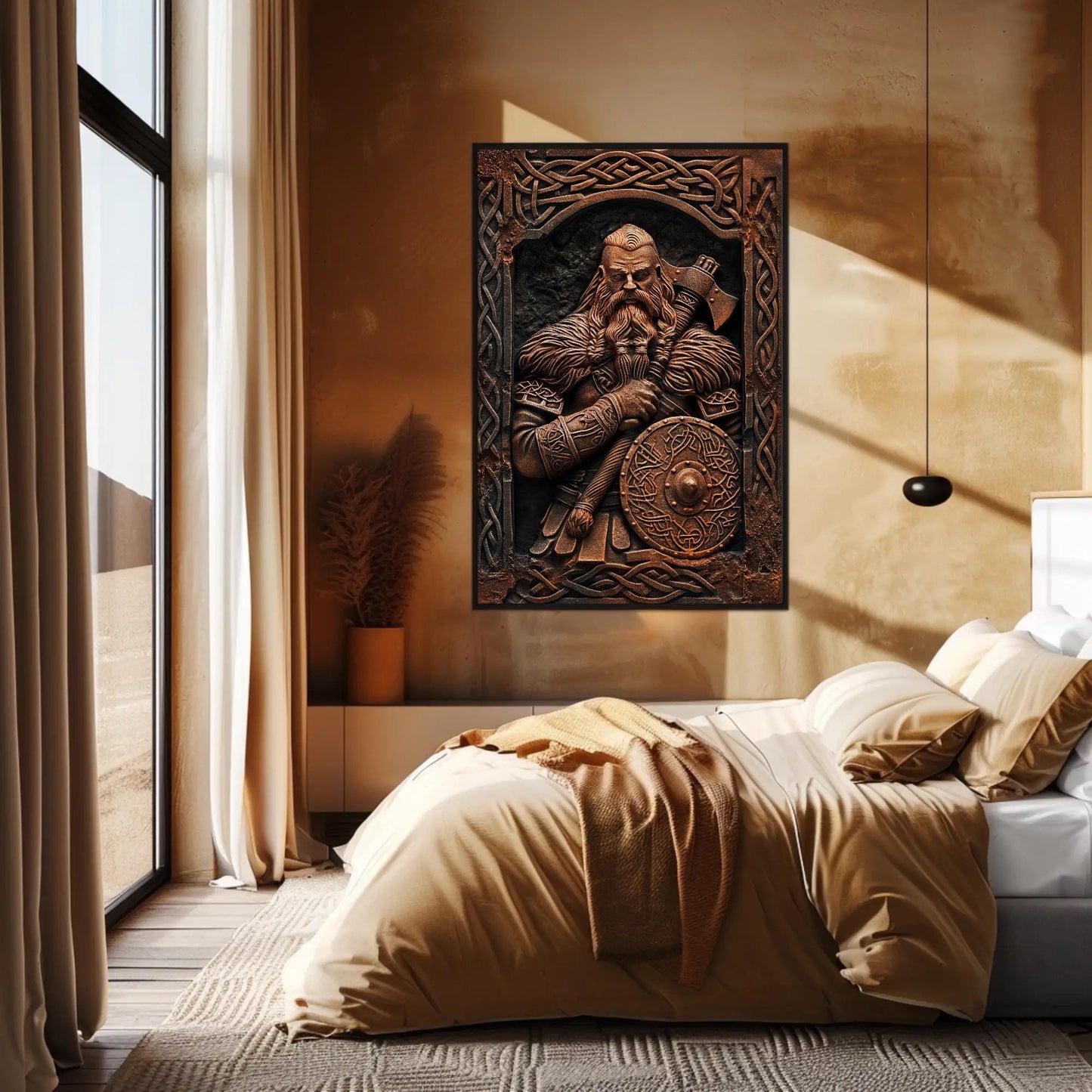 Viking Warrior canvas wall art shown in a styled interior