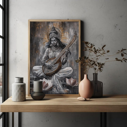 Goddess Saraswati , Hindu Wisdom canvas wall art shown in a styled room (view 2)