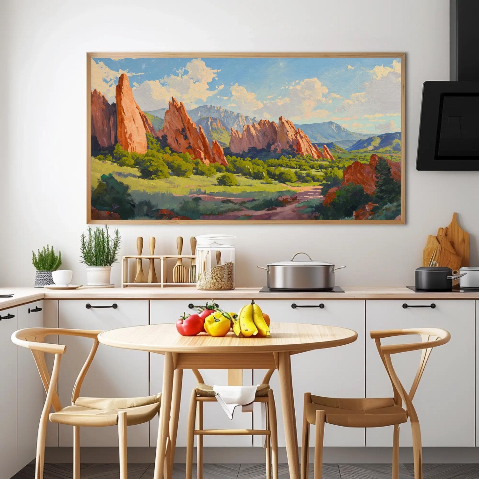 Garden of the Gods , Colorado Landscape canvas wall art shown in a kitchen