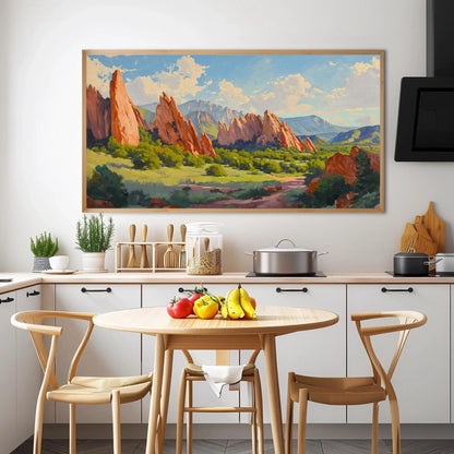 Garden of the Gods , Colorado Landscape canvas wall art shown in a kitchen