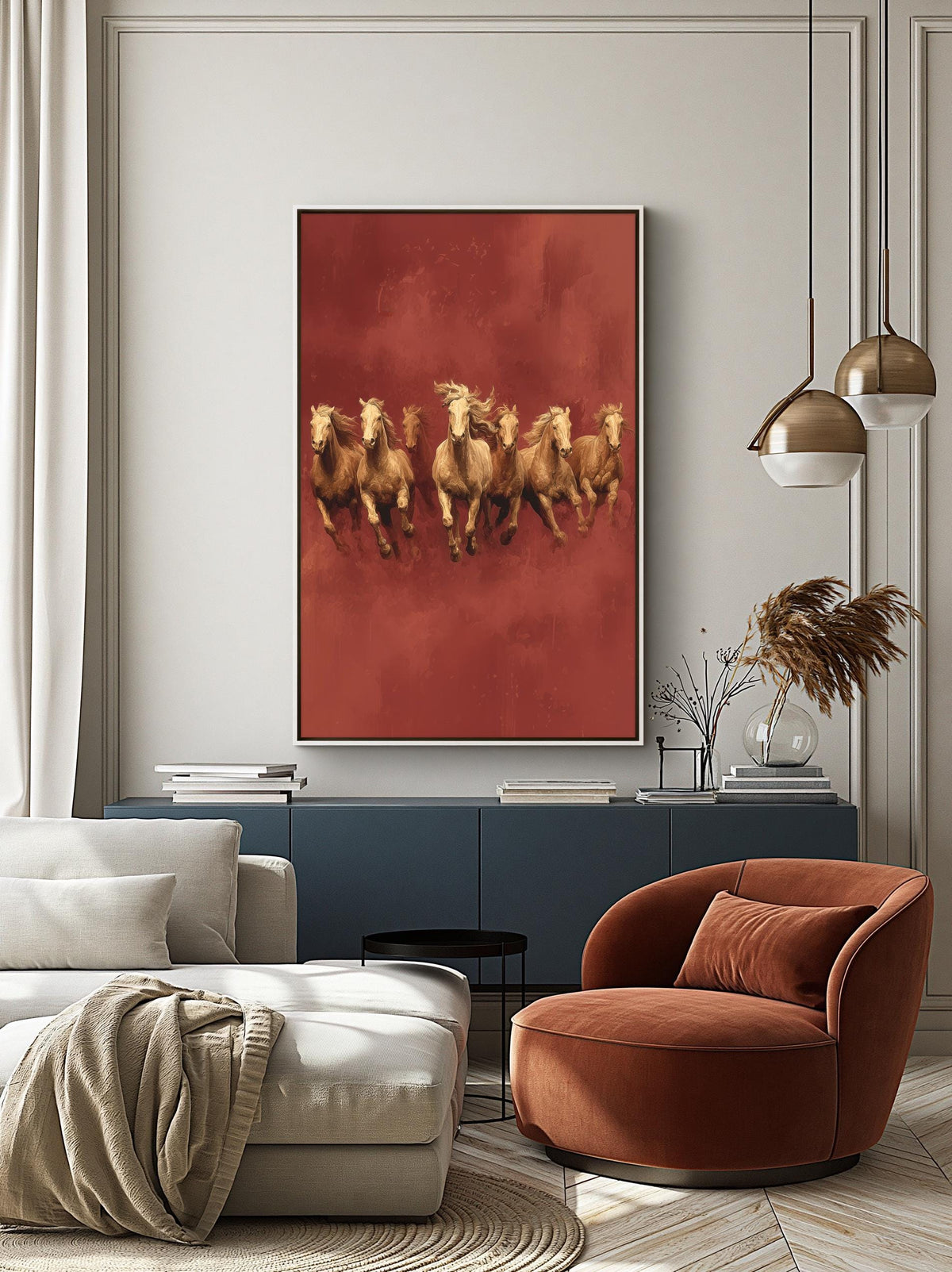 a modern living room with a large red painting of a group of galloping horses as the focal point. The room is furnished with a white sofa, a round red armchair, and a black side table. The overall decor has a contemporary and stylish aesthetic.