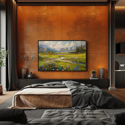 Vintage Mountain River Canvas Print, Meadow Field Wall Art