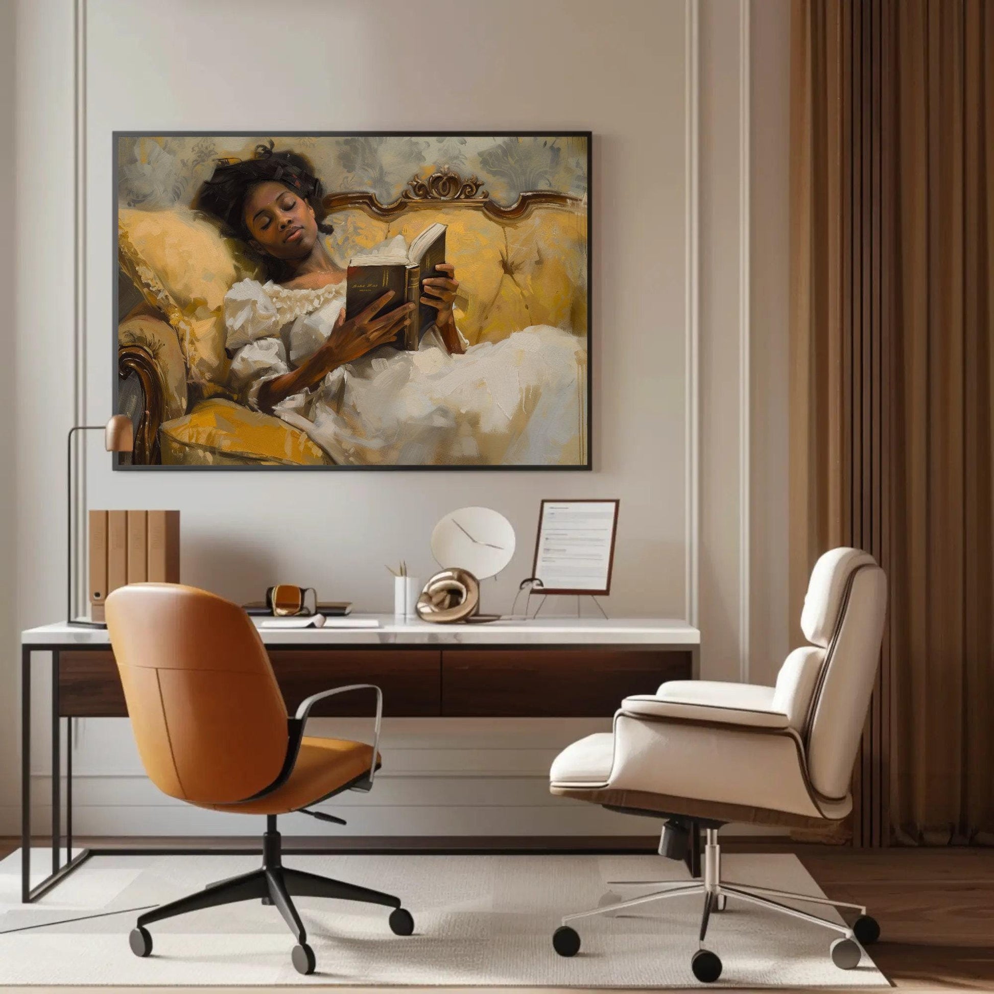 Vintage canvas wall art shown in a home office