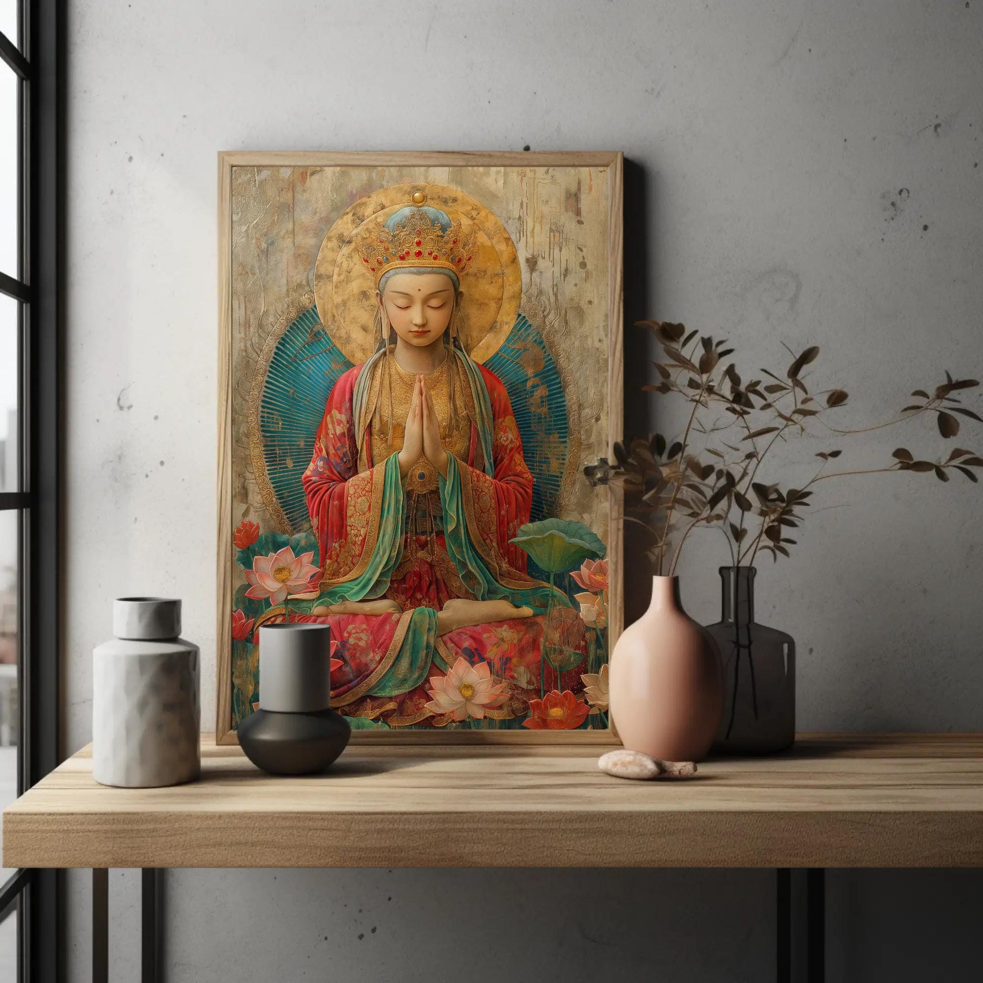 Tara Goddess canvas wall art shown in a styled room