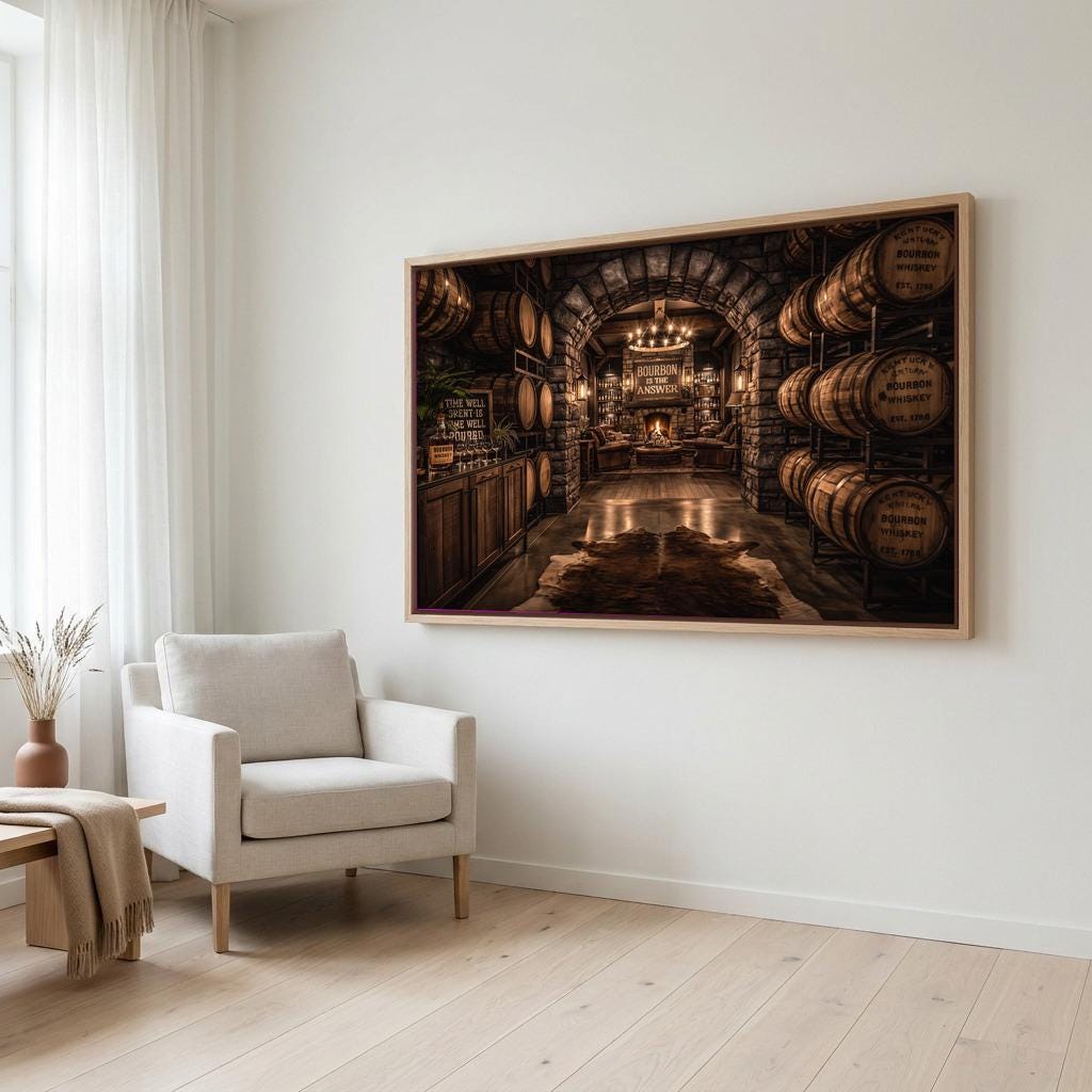 a cozy living room with a large framed picture hanging on the wall, depicting a rustic wine cellar with numerous wooden barrels lining the walls.