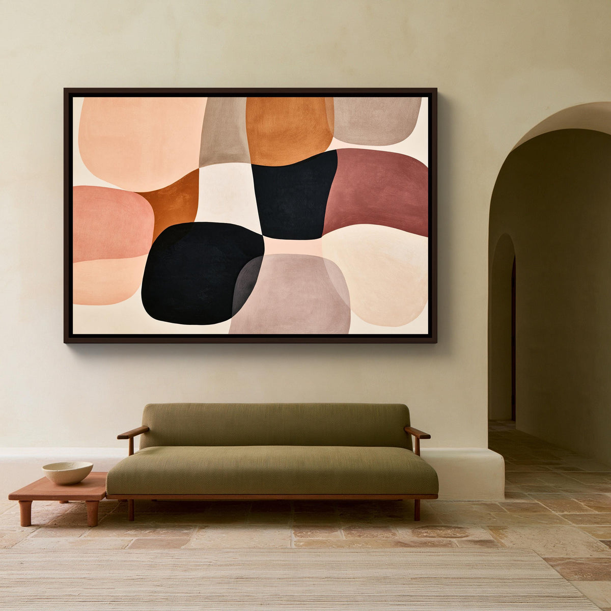 Blush organic shapes abstract canvas wall art, large abstract painting hanging on a wall above a green sofa in a minimalist