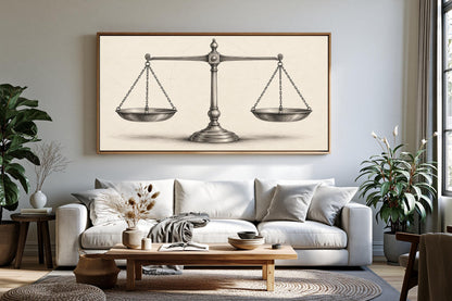Scales of justice sketch canvas wall art, living room with a large framed drawing of a balance scale on the wall above a