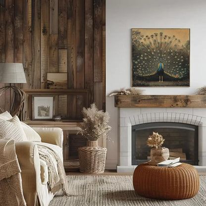 Peacock canvas wall art shown in a living room (view 4)