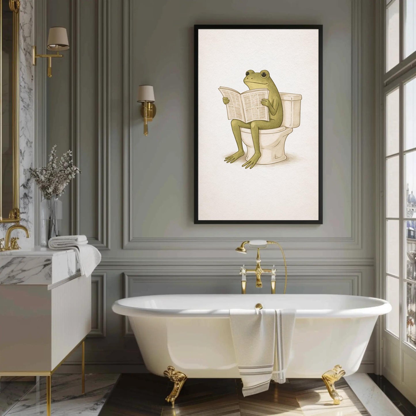 Frog Bathroom canvas wall art shown in a bathroom