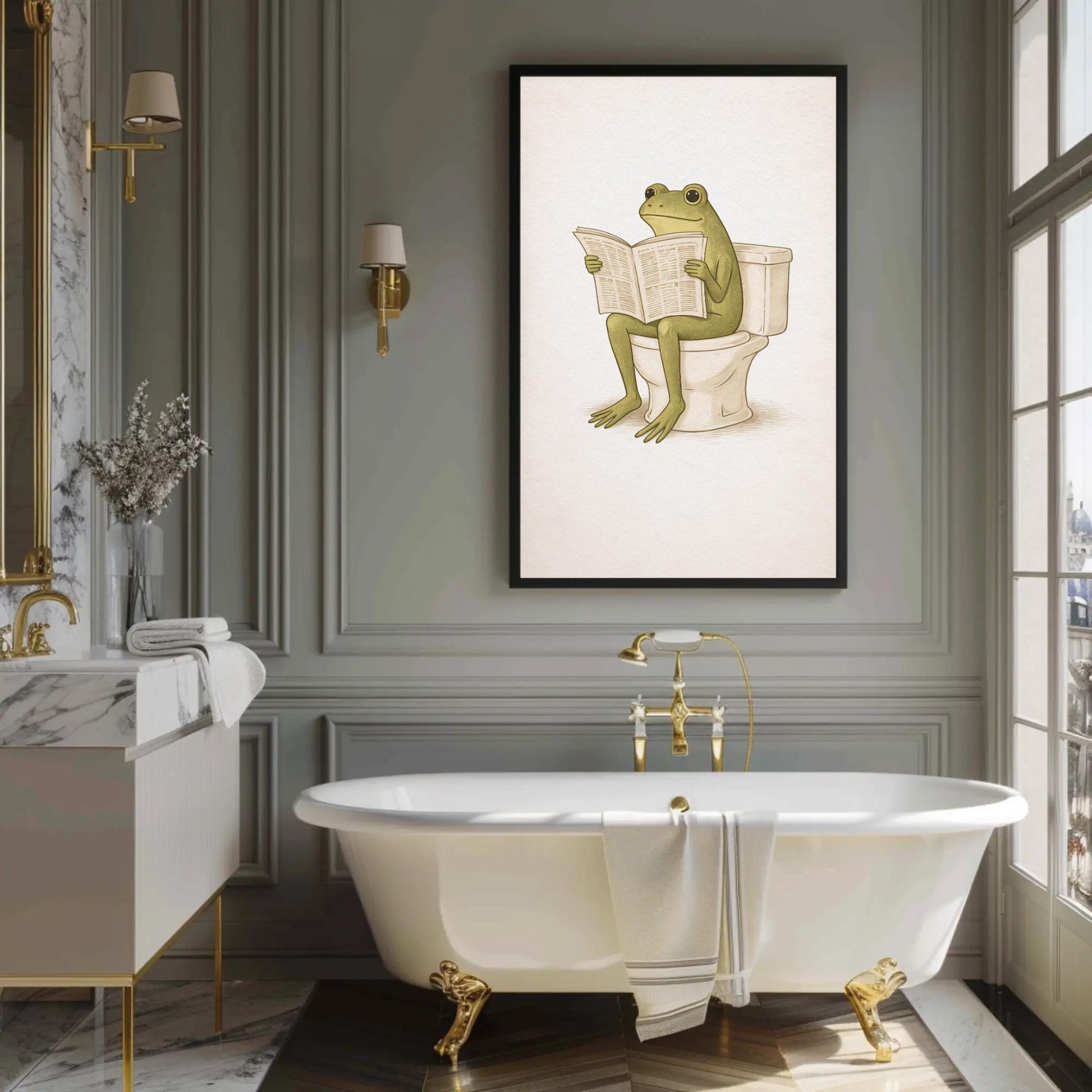 Frog Bathroom canvas wall art shown in a bathroom
