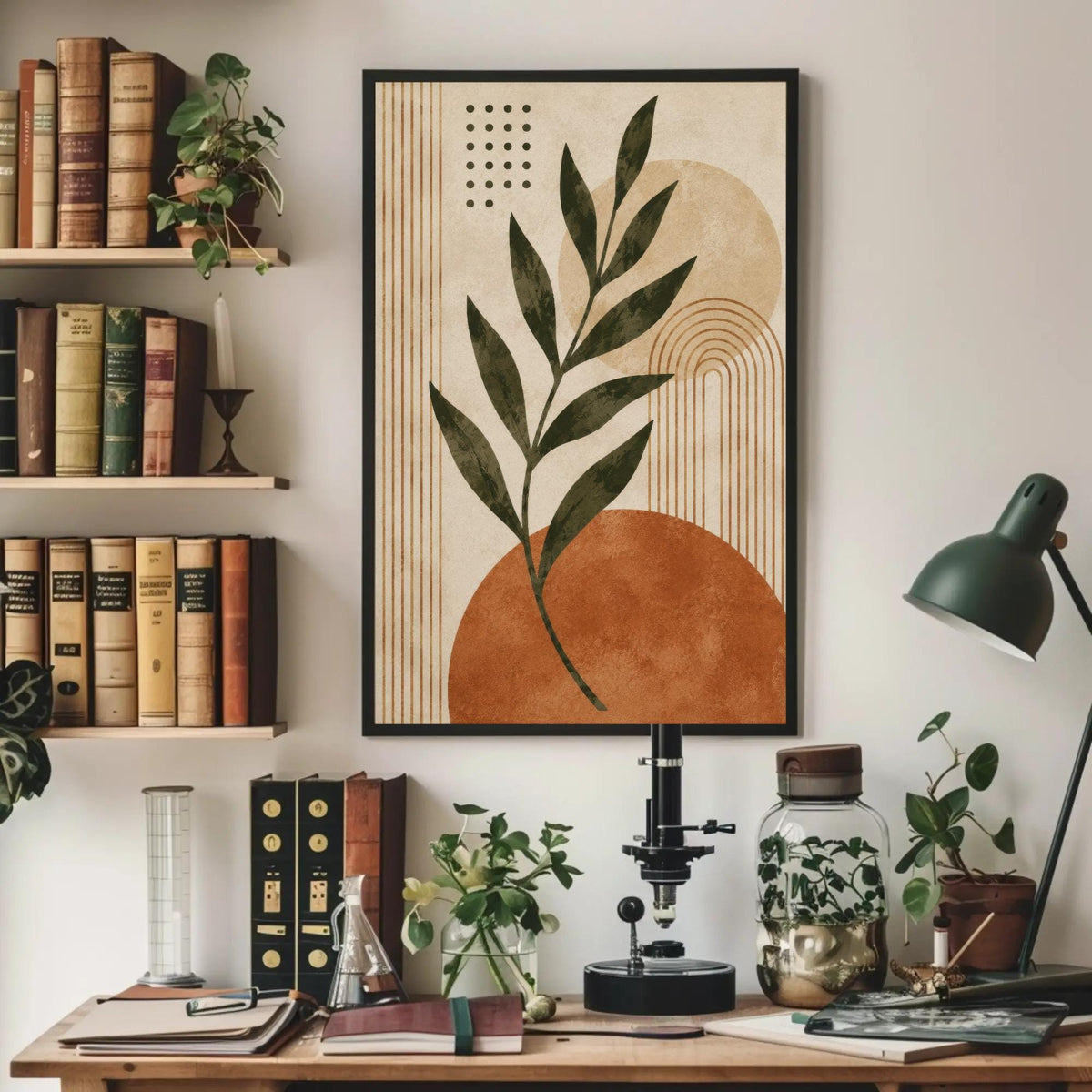 Boho leaf and sun canvas wall art, workspace with a desk, a lamp, a plant, and a framed abstract art piece with a leaf