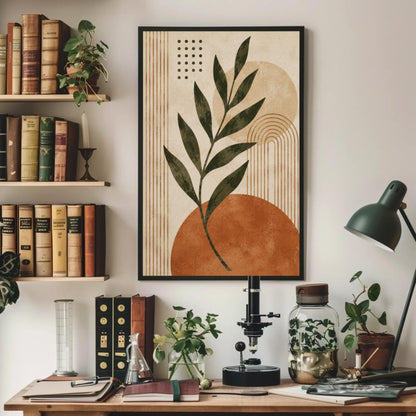 Boho leaf and sun canvas wall art, workspace with a desk, a lamp, a plant, and a framed abstract art piece with a leaf