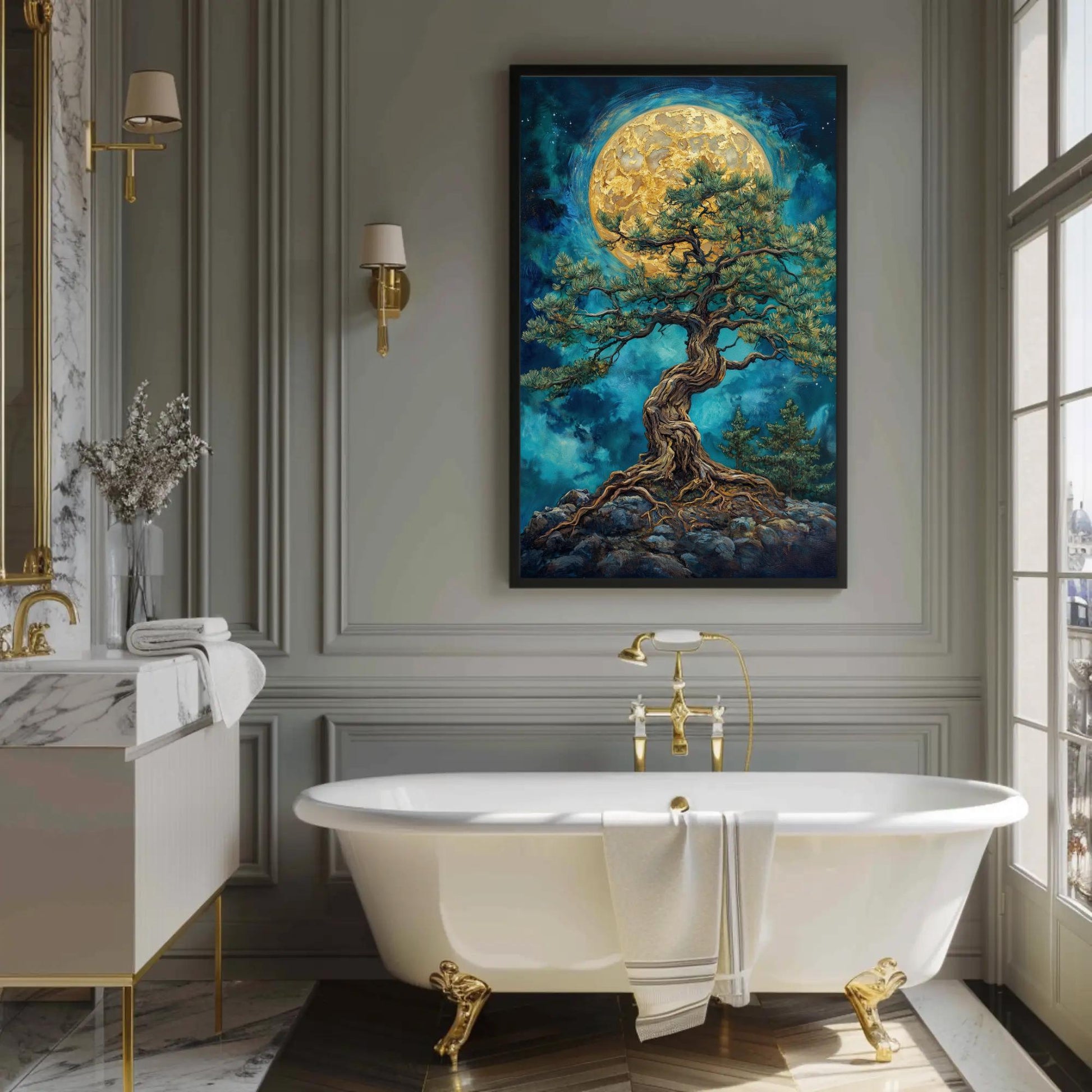 Mystic Pine canvas wall art shown in a bathroom