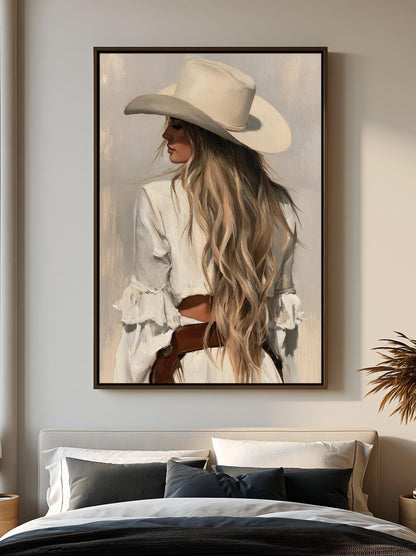 a large framed painting of a woman with long blonde hair wearing a cowboy hat, standing in a contemplative pose.