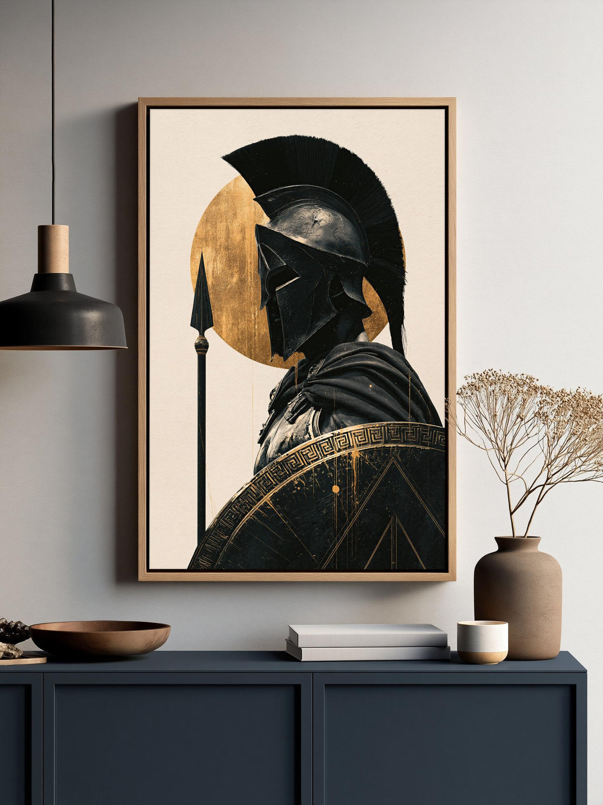 Spartan warrior canvas wall art, Greek warrior in crested helmet with spear and shield before a gold sun