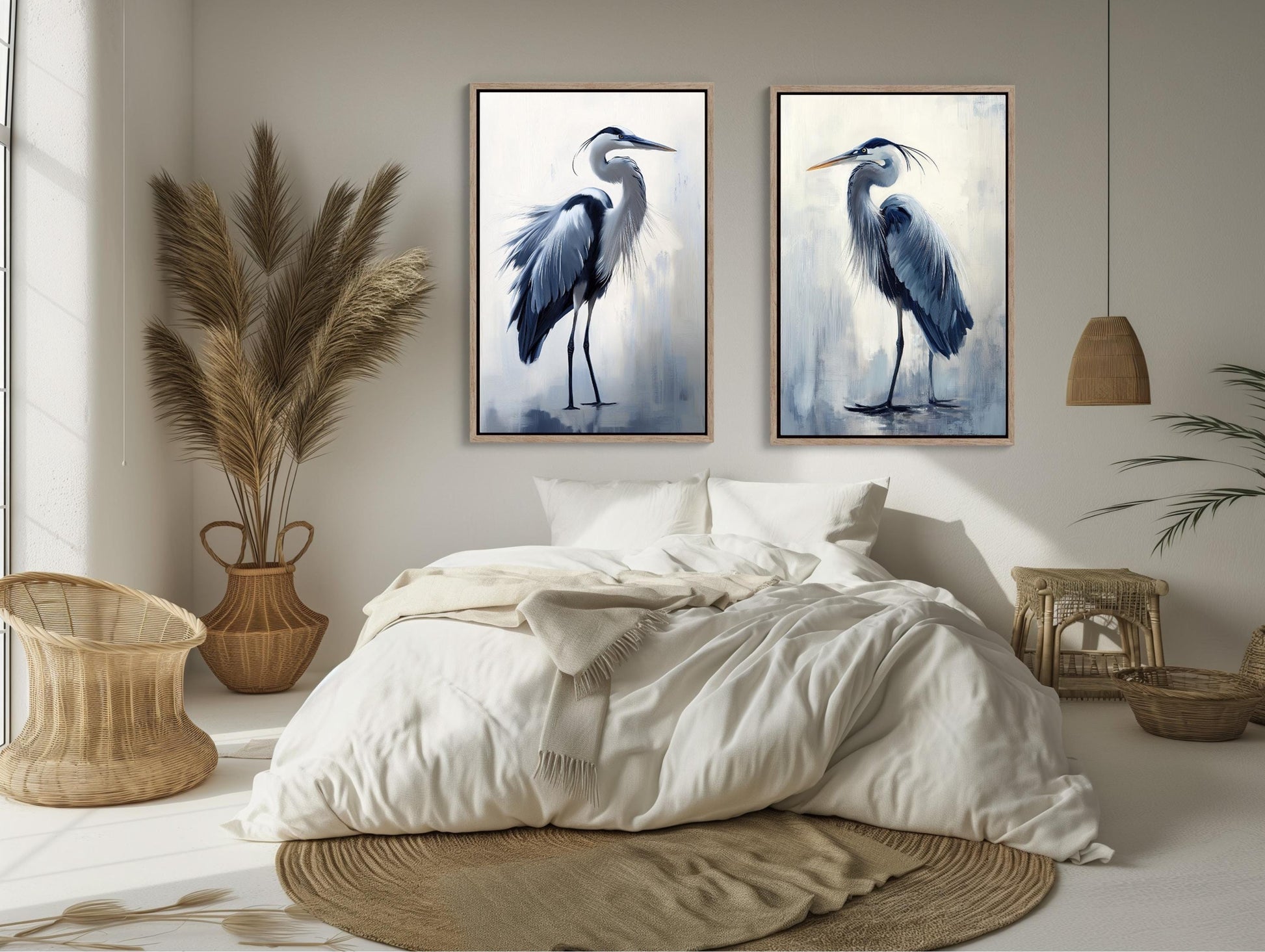 Blue Heron Set of 2 , Coastal Bird canvas wall art in blue tones