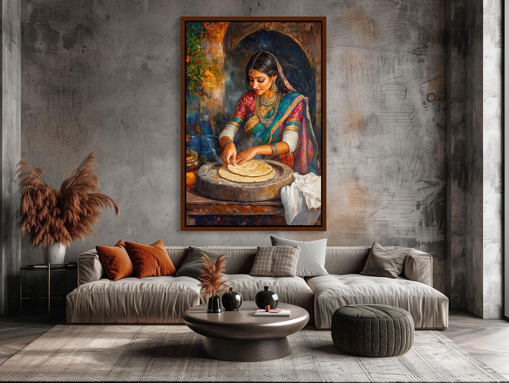 Indian Woman Roti , Traditional Desi Kitchen canvas wall art shown in a living room