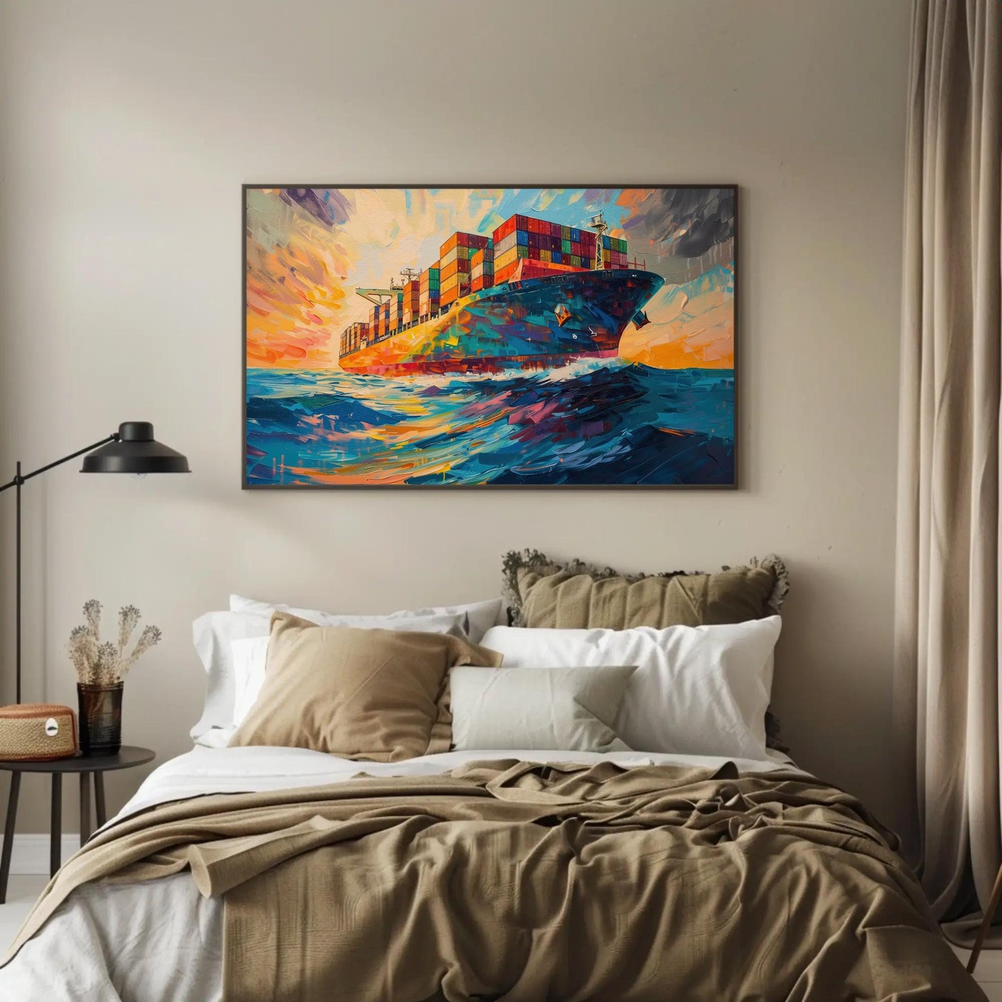 Container Ship canvas wall art shown above a bed (view 2)