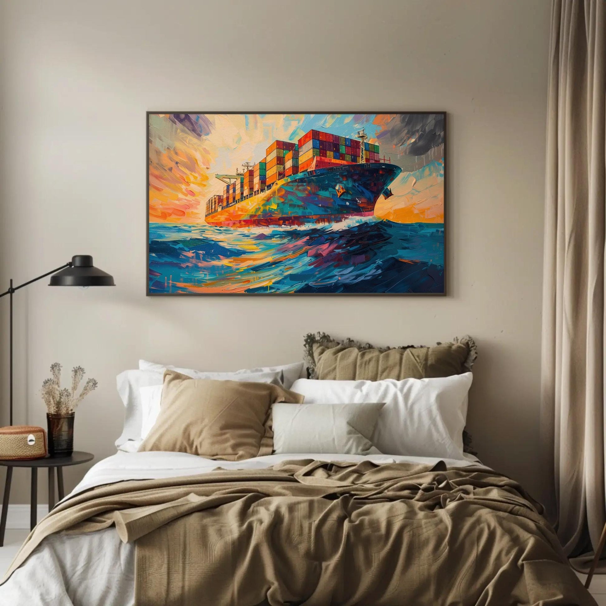 Container Ship canvas wall art shown above a bed (view 2)