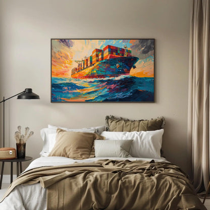 Container Ship canvas wall art shown above a bed (view 2)