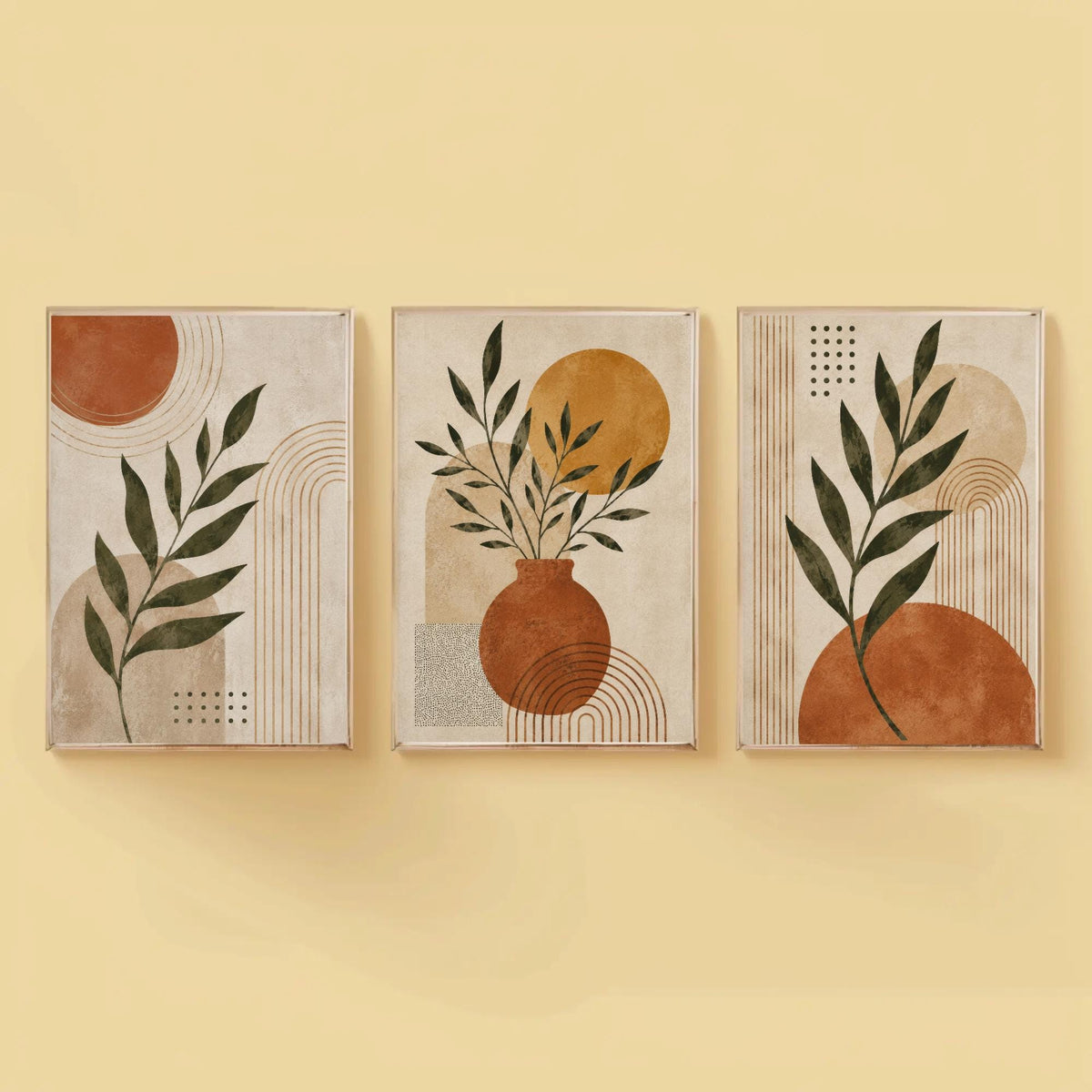Boho botanical abstract trio canvas wall art, three framed artworks with abstract designs featuring leaves, vases, and