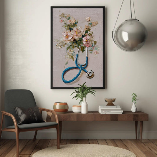 Doctor canvas wall art shown in a living room