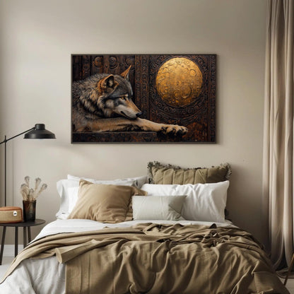 Wolf And Gold Moon Mystical Wildlife Art canvas wall art shown in a styled room (view 2)
