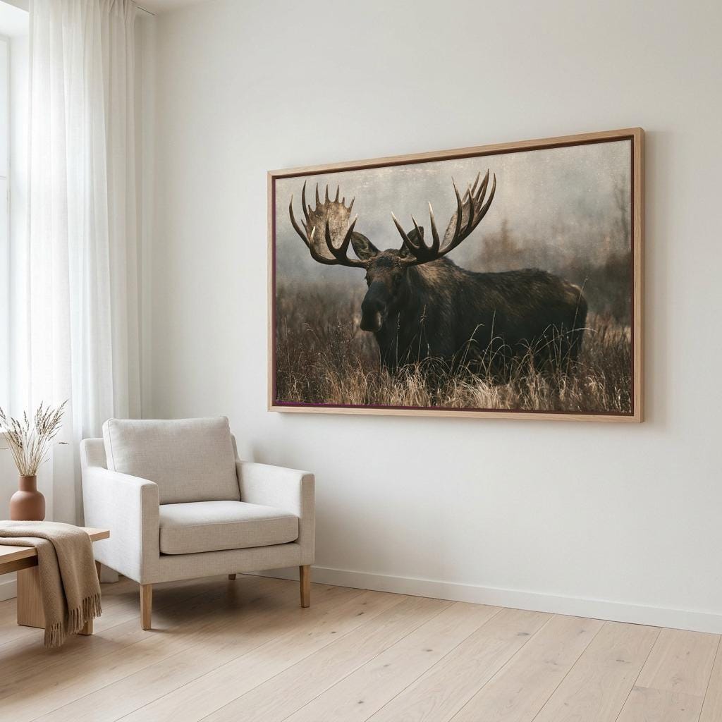 a large framed photograph of a moose with impressive antlers, hanging on a white wall in a living room setting.