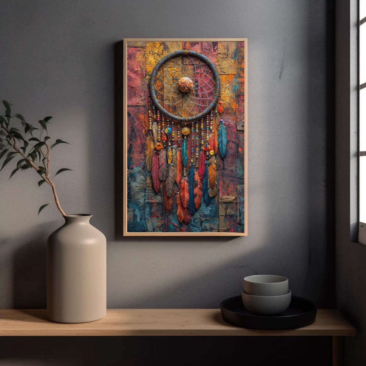 Dreamcatcher , Boho Rustic Feather canvas wall art shown in a styled room (view 2)