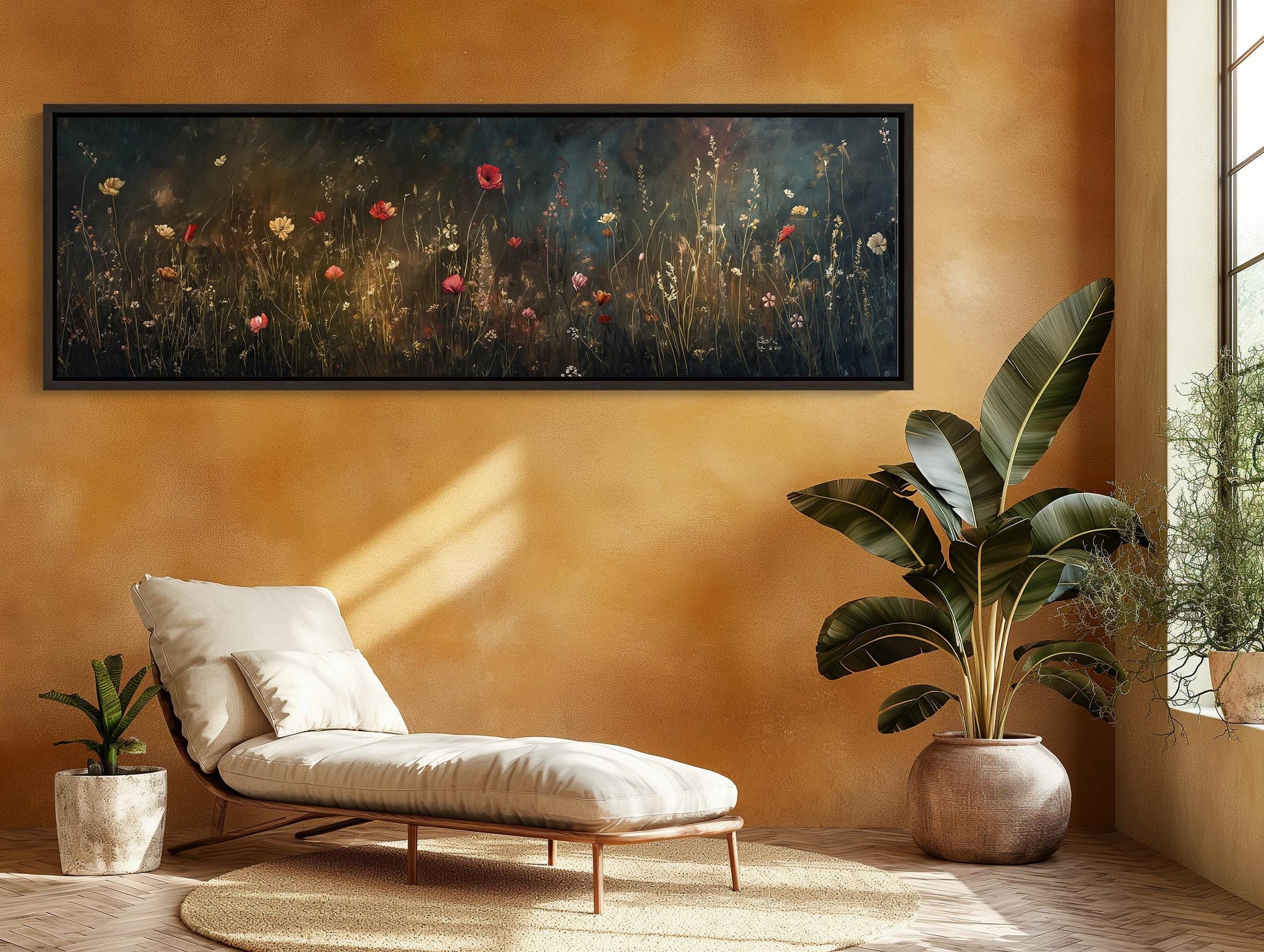 Wildflower Meadow , Dark Academia Panoramic canvas wall art shown in a living room