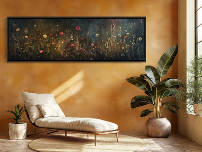 Wildflower Meadow , Dark Academia Panoramic canvas wall art shown in a living room