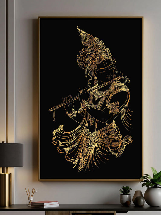 Gold filigree Krishna canvas wall art, large framed artwork depicting a stylized figure of a person playing a flute, with