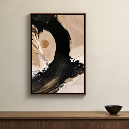 Black brush stroke abstract canvas wall art, black arc around a small gold sun on beige