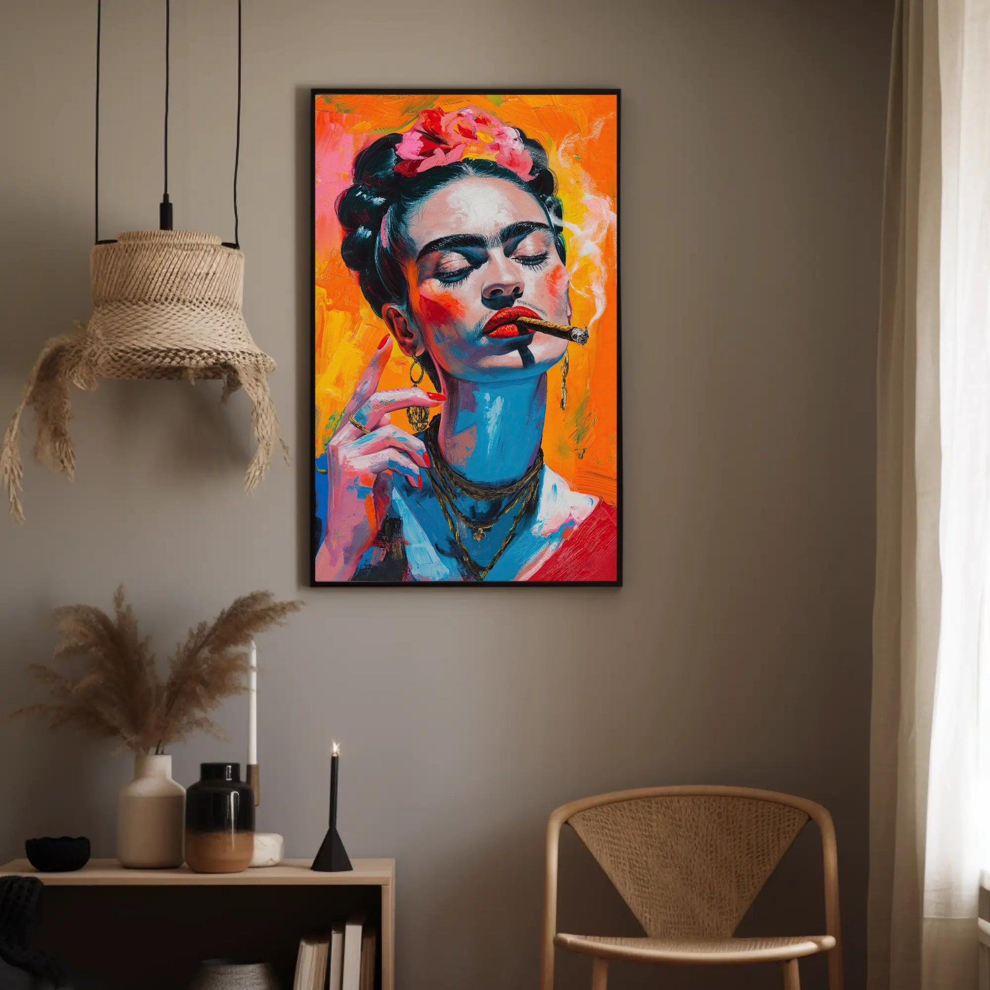 Frida Kahlo , Mexican Folk Art Wall canvas wall art shown in a styled room