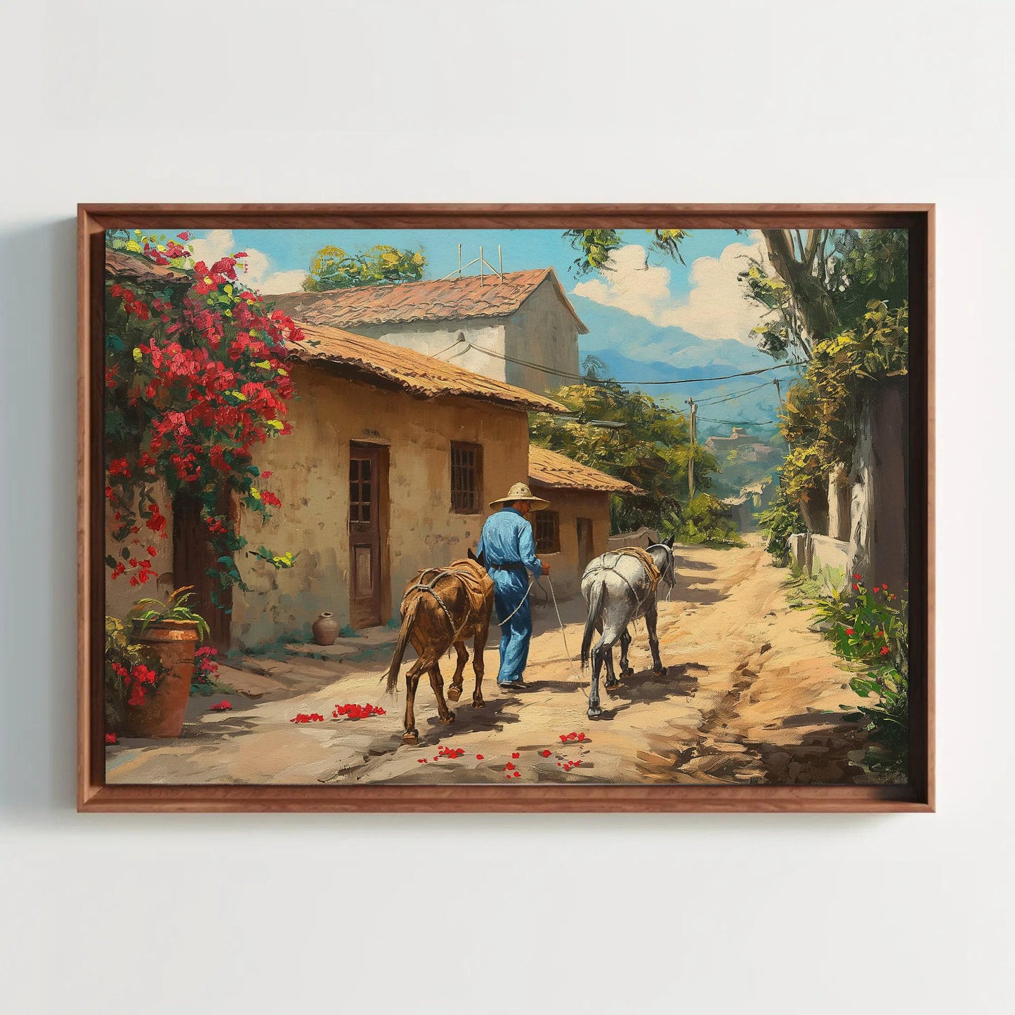 Mexican Village , Vibrant Mexico Pueblo canvas wall art shown in a styled room