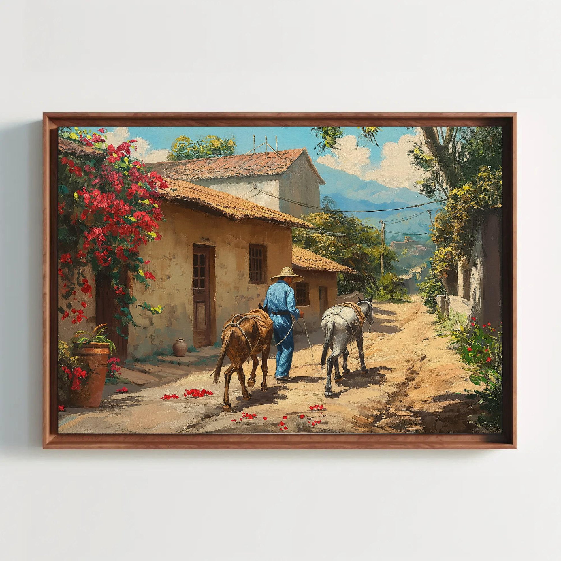 Mexican Village , Vibrant Mexico Pueblo canvas wall art shown in a styled room